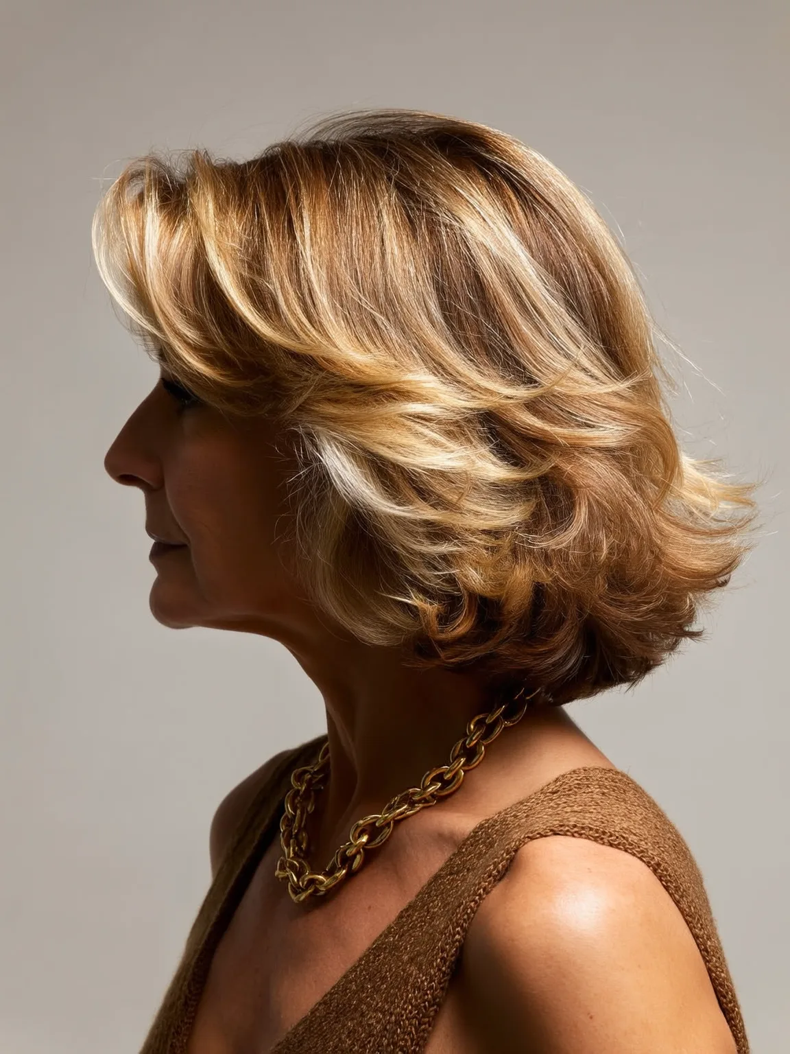 Feathered Chin-Length Bob with Warm Caramel Blonde Highlights